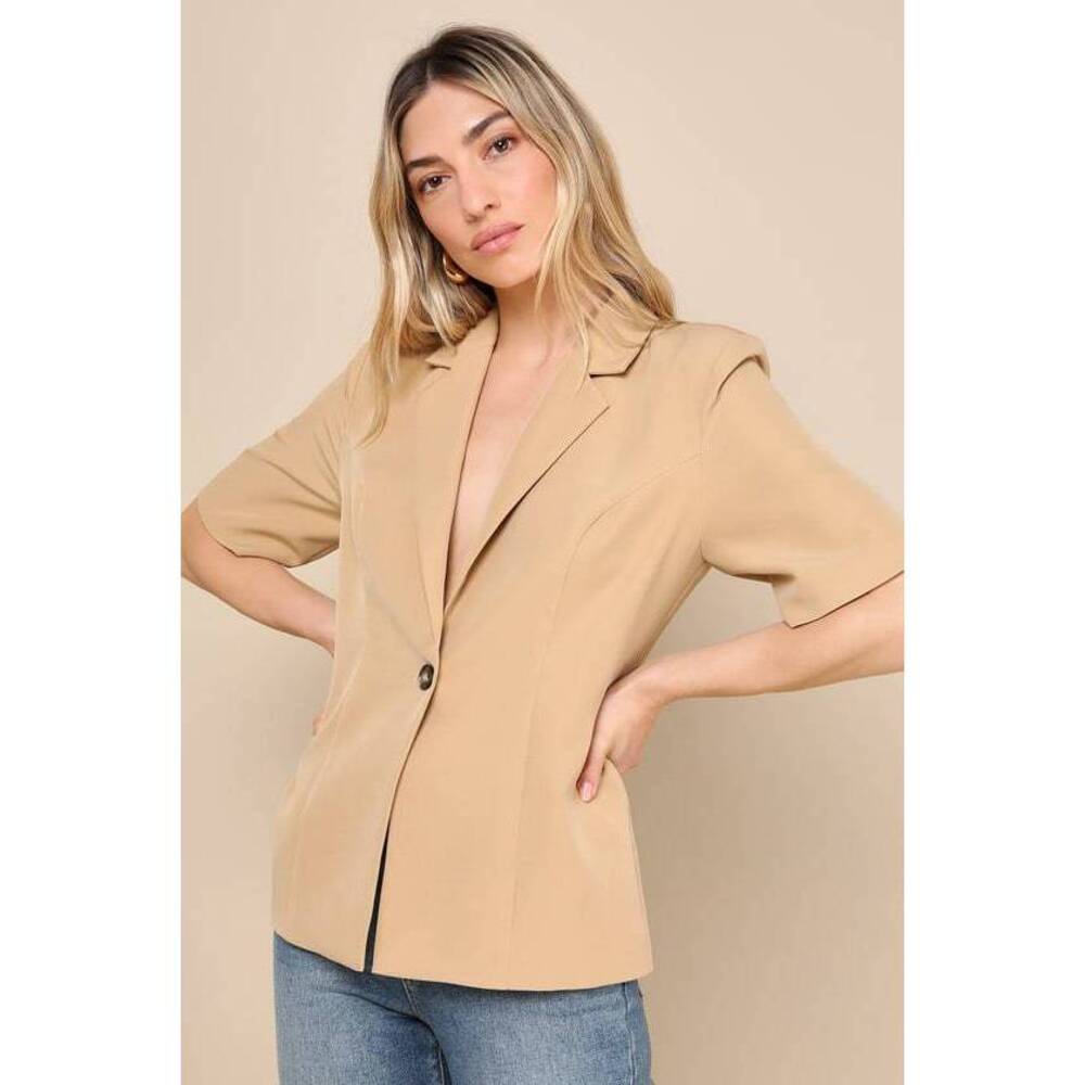 Lulus Sleek Perception Tan Short Sleeve Button-front Blazer Top Brown - Size M
